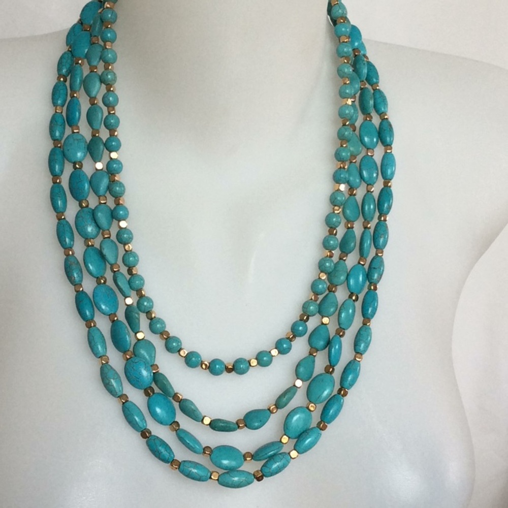 Turquoise stones gold beads statement necklace new